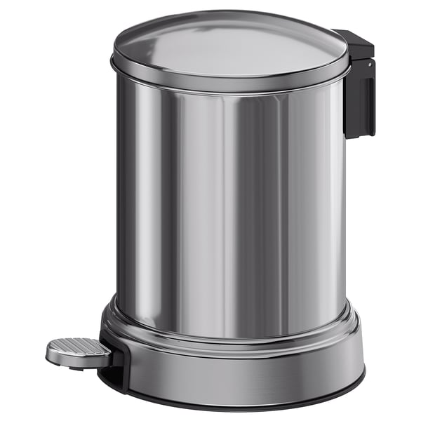 BROFJÄRDEN silver trash bin, cylindrical, silver, stainless steel, soft-close lid.