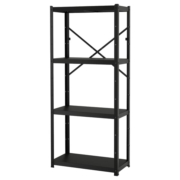 Black metal BROR shelf, rectangular with three tiers, sturdy and minimalist.