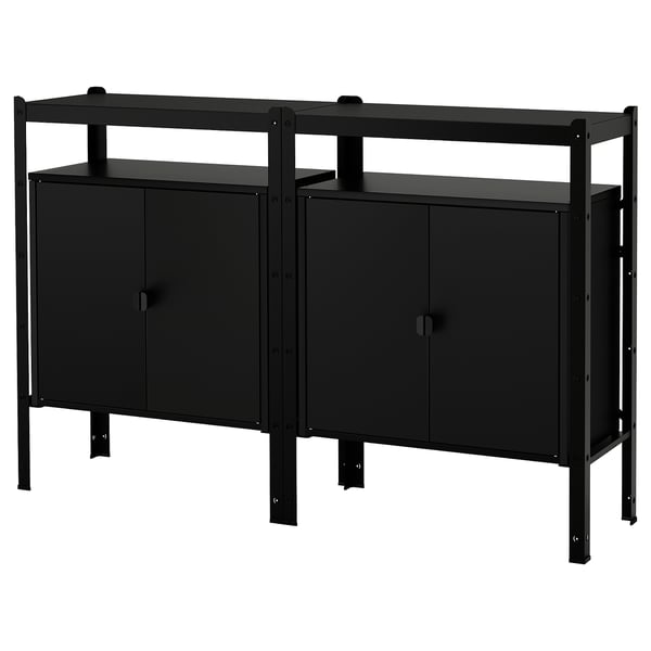 Black BROR storage system with two cabinets, two shelves, and metal frame for heavy-duty use.