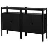 Black BROR storage system with two cabinets, two shelves, and metal frame for heavy-duty use.