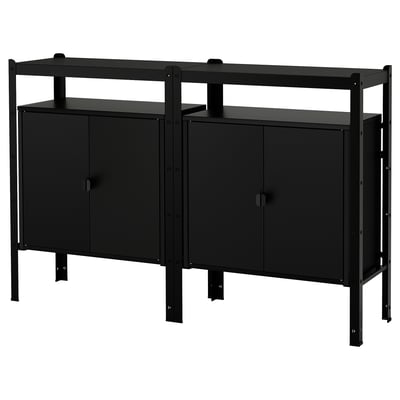 Black BROR storage system with two cabinets, two shelves, and metal frame for heavy-duty use.