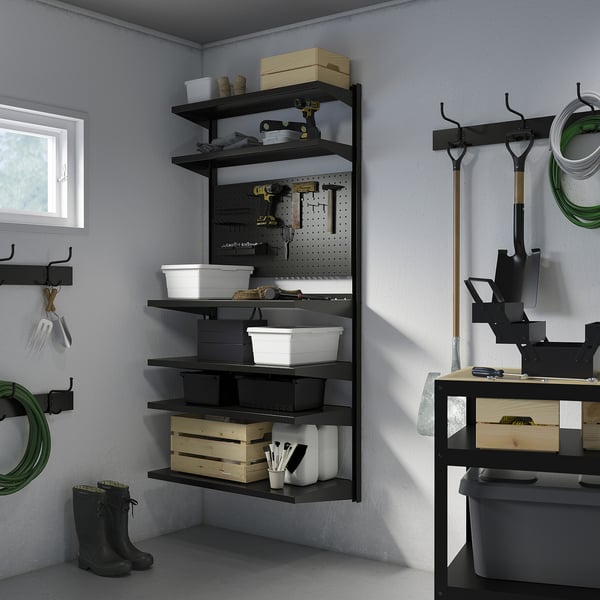 BROR black storage: shelves, pegboard & hooks for narrow spaces.