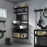 BROR black storage: shelves, pegboard & hooks for narrow spaces.