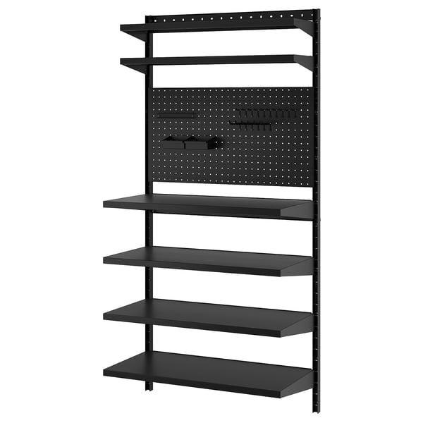 BROR black metal garage storage shelves with pegboard.