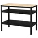 An ikea BROR workbench in black with a pine plywood top. It a sturdy metal frame and three shelves for storage.