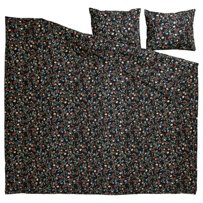 BRUDKRUSBÄR: black duvet set with floral print, 100% organic cotton, rectangular with pillows.