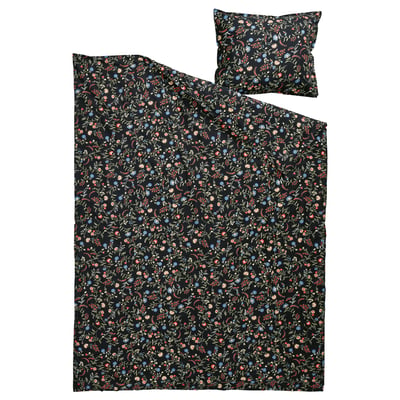 The BRUDKRUSBÄR duvet set black organic cotton with colourful floral prints, ideal for comfy, eco-friendly bedding.