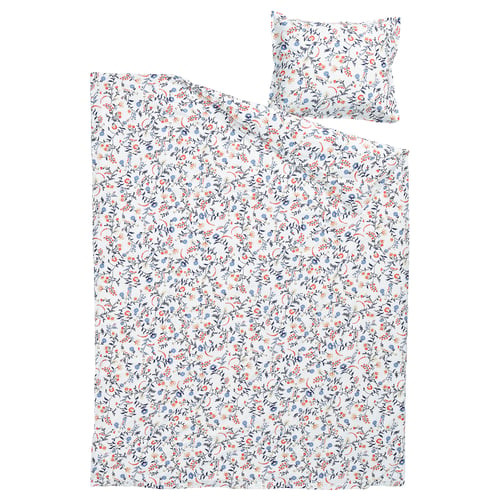 White duvet set with blue & orange floral prints, organic cotton, rectangular cover & square pillowcase.