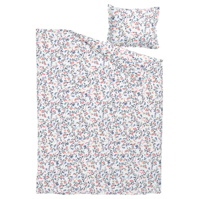 White duvet set with blue & orange floral prints, organic cotton, rectangular cover & square pillowcase.