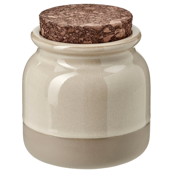 BRUGDHAJ jar: beige, cylindrical, rustic stoneware with cork lid.