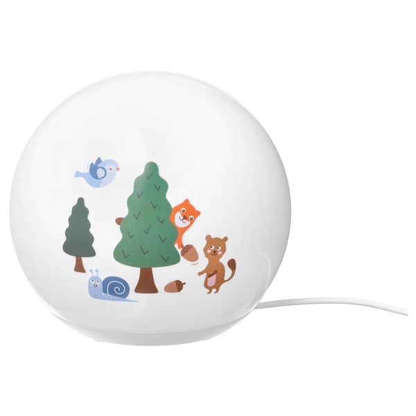BRUMMIG led lamp: white, round with forest animals, soft mood light.