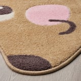 Plush, round rug with pastel shapes, soft to touch, designed for children.