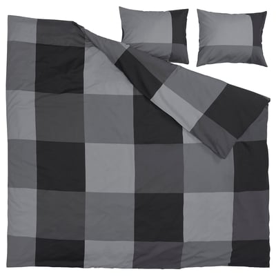 Grey BRUNKRISSLA duvet and pillows; chequered pattern; soft cotton-viscose blend.