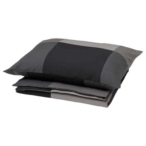 BRUNKRISSLA grey bed set, rectangular, with coloured blocks, cotton-viscose blend.