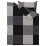 Black and gray checkered bedding set. Includes duvet cover and pillowcase made of cotton and viscose. Rectangular shape with classic plaid design.