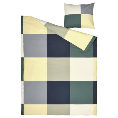 Chequered BRUNKRISSLA bedding set in yellow, green, grey, blue; soft cotton-viscose.