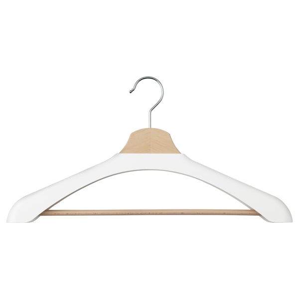 A white shoulder shaper for a hanger, designed to preserve sweater and blouse shapes.