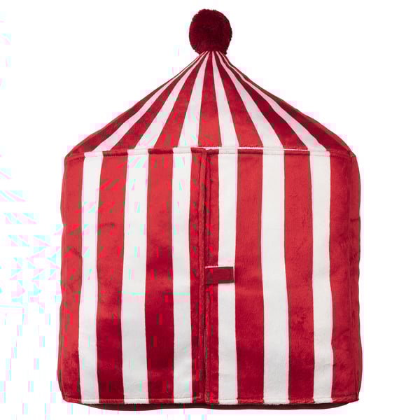 A BUSENKEL circus-themed pillow. Its red and white striped, cone-shaped with a pompom top, made of polyester, and a zipper detail.