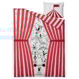 Circus-themed red and white striped bedding set with drawn performers.