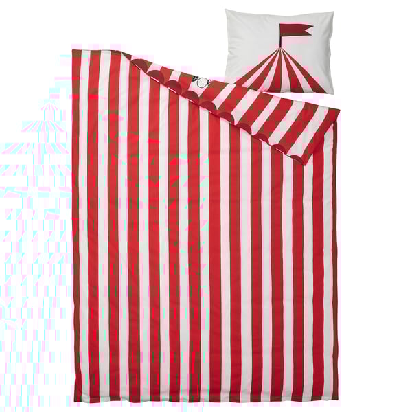 Circus-themed bedding set with red and white striped design, featuring a tent and flag pillowcase. Made from cotton and lyocell for comfort.