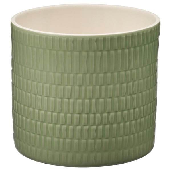 Green CHIAFRÖN planter, textured stoneware, cylindrical.