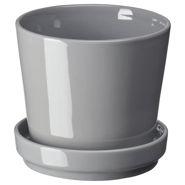 Gray citrus fruit-inspired ceramic planter with saucer, simple design, durable stoneware.