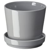 Gray citrus fruit-inspired ceramic planter with saucer, simple design, durable stoneware.