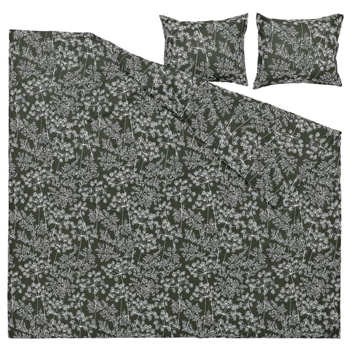 DAGGBJÖRNBÄR Duvet cover and 2 pillowcases, dark green/floral pattern, 240x220/50x60 cm