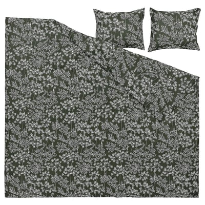 DAGGBJÖRNBÄR Duvet cover and 2 pillowcases, dark green/floral pattern, 240x220/50x60 cm