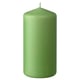 Green pillar candle, smooth, cylindrical shape, plain design, made from paraffin and plant-based wax with a cotton wick.