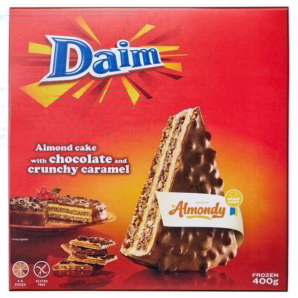 DAIM box shows almond cake with chocolate and caramel, baked by almondy, marked frozen, gluten-free.