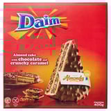 DAIM box shows almond cake with chocolate and caramel, baked by almondy, marked frozen, gluten-free.