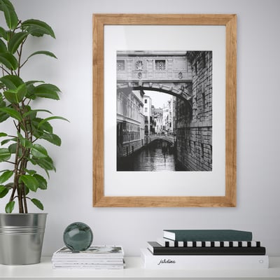 Framed black & white a canal bridge hangs on a wall, flanked by a potted plant and stacked books with a globe on top.