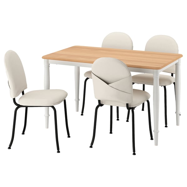 Wooden DANDERYD dining set with table and cream chairs, black metal legs, modern yet traditional.