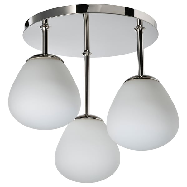 A DEJSA ceiling lamp with chromed details and three opal glass shades.