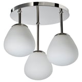 A DEJSA ceiling lamp with chromed details and three opal glass shades.