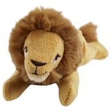 Mini plush lion toy, soft beige, recycled polyester, lying position, friendly design.