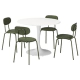 A DOCKSTA dining set with a white round table and four green chairs. The chairs have a metal frame and a curved backrest for comfort.