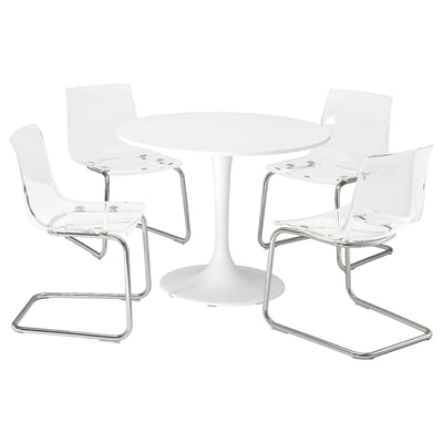 DOCKSTA: white 4-seat round dining set, sleek chrome legs, transparent plastic chairs.