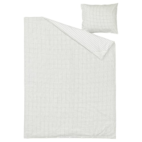 A DOFTAKLEJA white chequered and striped duvet cover set with buttoned corners.