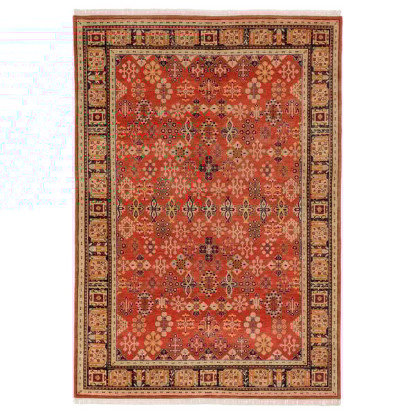A red DOFTMYSKGRÄS rug with intricate floral patterns and traditional persian design.