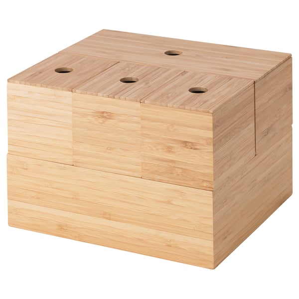 Wooden storage unit with five bamboo boxes, light brown.