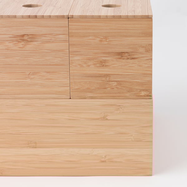 Wooden storage boxes made of polished bamboo, featuring multiple compartments for organizing items.