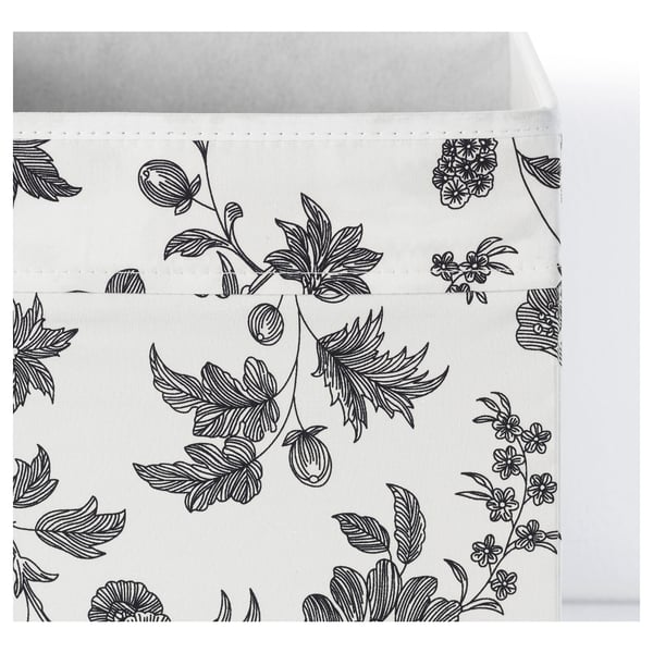 Fabric storage box with handles, black floral design on white, sturdy quality.
