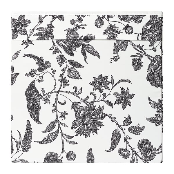 Square fabric storage box with intricate black floral patterns and zipper, neat and stylish for organizing items.