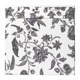 Square fabric storage box with intricate black floral patterns and zipper, neat and stylish for organizing items.