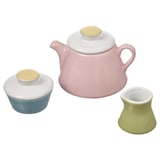 DUKTIG childrens tea set: pink teapot, yellow & blue containers. Durable stoneware, safe edges. Great for tea parties & skills development.