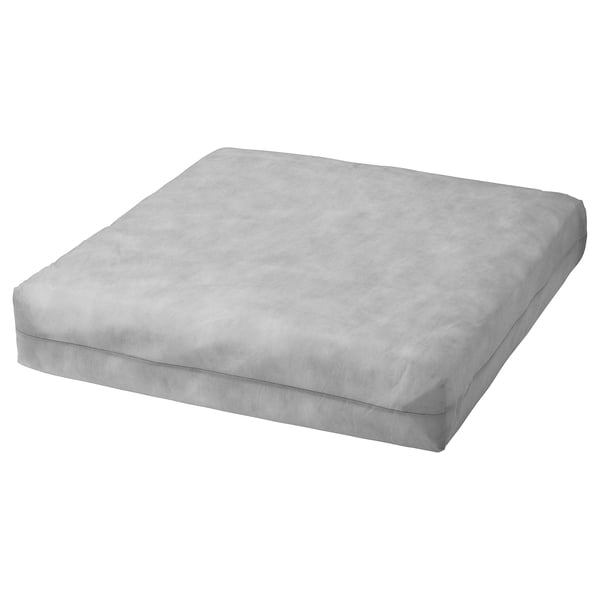 Gray DUVHOLMEN foam cushion, rectangular, soft polyester filling, smooth cover.
