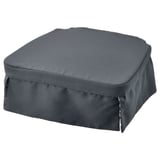 Dark grey chair pad, rectangular with skirted design. Solid color, reversible for floral pattern.