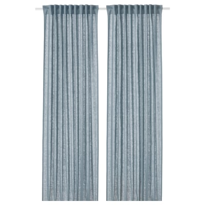 Two blue-gray curtains hang side by side, featuring a subtle, crushed linen texture for a casual look, with a heading tape for easy installation.